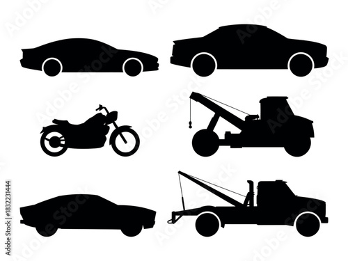 Silhouettes of cars motorcycle and tow trucks arranged on a white background view