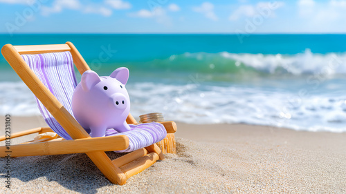 Relaxing summer beach theme with piggy bank and deck chair for vacation savings concept