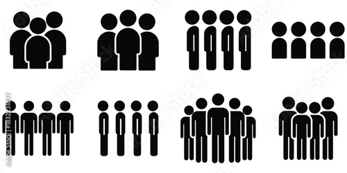 Group unity stickman set, Team formation figure pack, Community crowd silhouette collection