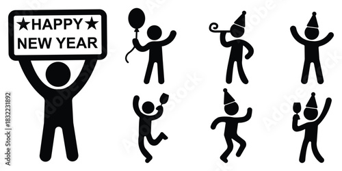 Party celebration stickman set, Festive dance figure pack, New year celebration silhouette collection