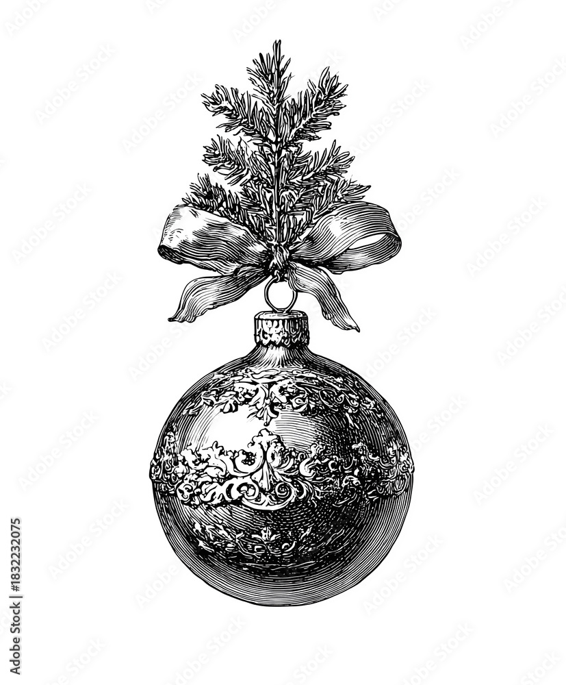 Fototapeta premium vintage black and white illustration christmas tree ball ornament isolated on white background
