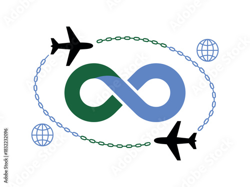 Airplanes circling a green and blue infinity symbol with globes on a white back