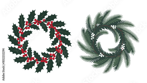 Christmas holly and pine wreath illustration with festive botanical foliage and seasonal holiday greenery