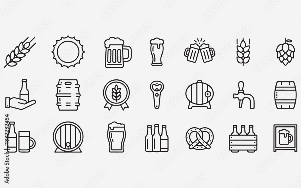 Fototapeta premium Beer icons wheat hops bottles barrels mugs and pretzel