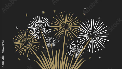Gold and white fireworks illustration on dark night sky with sparkling starburst celebration elements