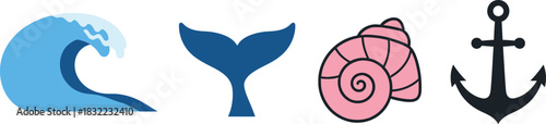 Flat Ocean Waves Icons Wave Crest Whale Tail Seashell Anchor