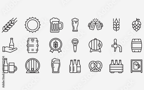 Beer icons wheat hops bottles barrels mugs and pretzel