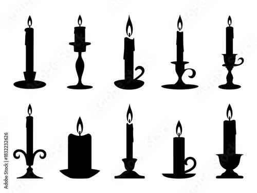 Collection of ten black candle silhouettes with varying shapes and sizes on white