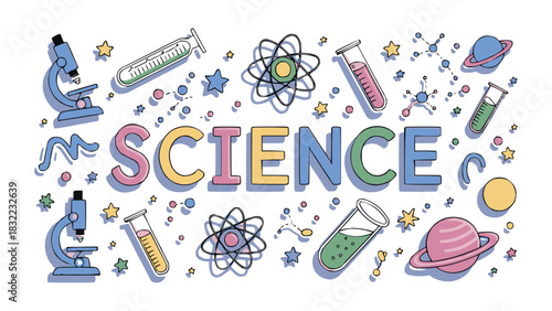 Colourful science illustration with laboratory tools, planets, molecules, and atom icons