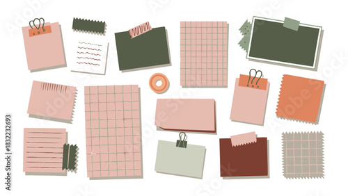 Collection of pastel memo paper pieces with grid notes torn edges clips and tape elements