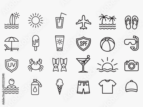 Collection of black line art summer vacation icons