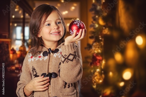 Girl in christmas sweater holds glass ball new year, AI generated image