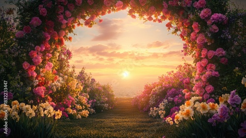 A symmetrical shot of a vibrant floral archway adorned with clusters of pastel-colored carnations and daffodils