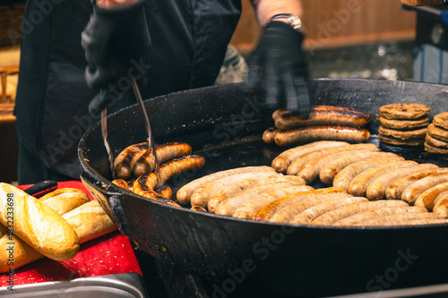 Grilled Sausage with Spices at Christmas Fair