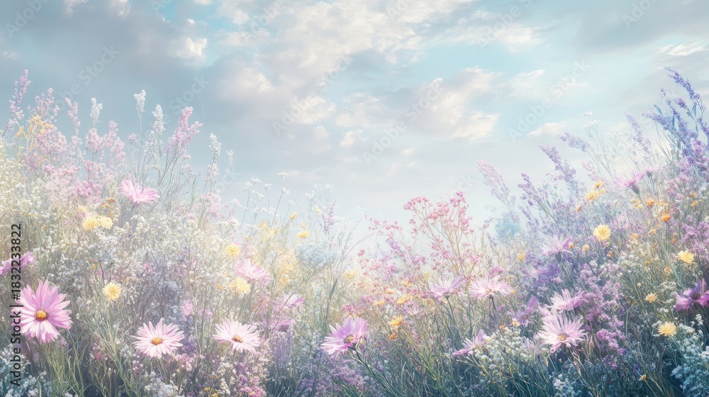 Naklejka premium A tranquil spring hillside dotted with clusters of pastel-colored wild asters in soft pink