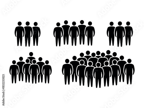 Illustration of several groups of black stick figure people on a white background