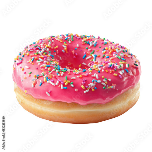 Bright Pink Frosted Donut With Colorful Sprinkles on a Plain Background