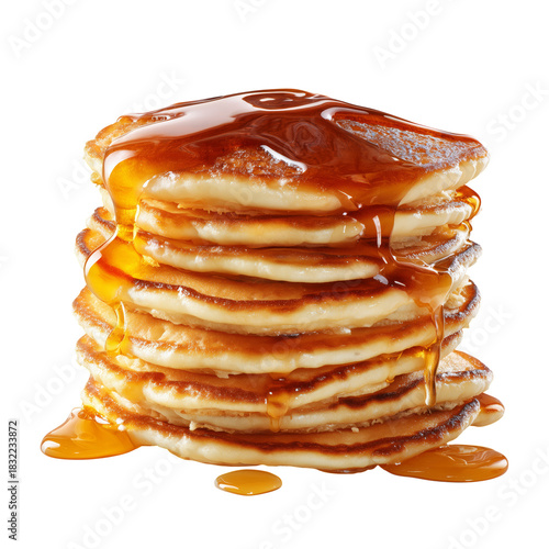 Fluffy Pancakes Stacked High With Syrup Drizzling Down in a Cozy Breakfast Se...