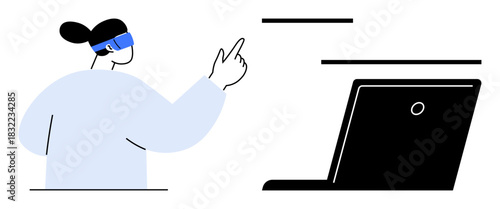 Woman in AR headset pointing at digital elements near a laptop, symbolizing technology, innovation, and future-focused work. Ideal for AR, innovation, education, virtual connection, tech development