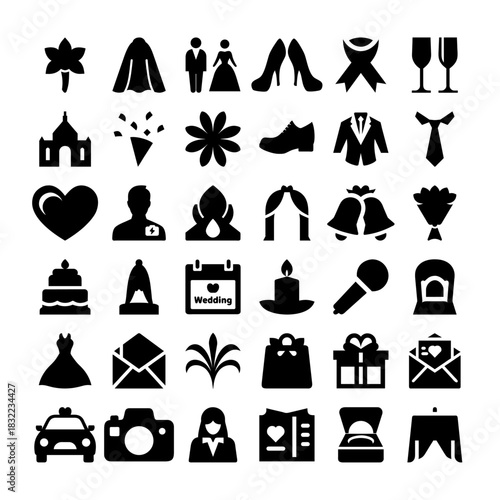 Celebration and Event Solid Glyph Icons Flowers Couples Cakes Presents