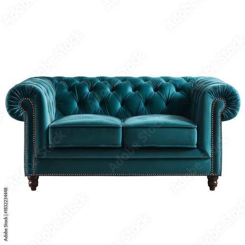 Stylish Tufted Turquoise Sofa in a Modern Living Room Setting