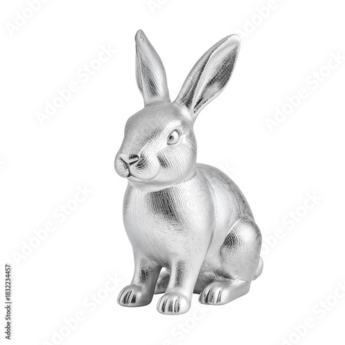 Silver Bunny Figurine on Display, Showcasing Shiny Details and Realistic Feat...