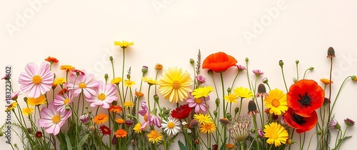 Fototapeta Naklejka Na Ścianę i Meble -  Vibrant wildflower meadow with poppies and daisies against a soft background
