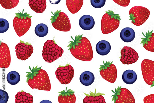 Seamless pattern of fresh strawberries, raspberries, and blueberries on a white background.