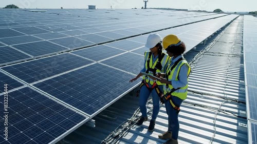 Renewable energy workers inspect large solar panel array under bright daylight for sustainability project