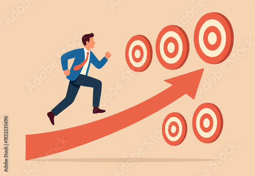 Achievements or challenge to achieve targets and business goals, objectives and purpose, journey to succeed in work and career concept, confidence businessman running on arrow way through targets