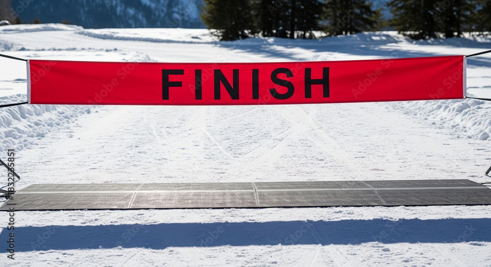 Fototapeta premium Red finish line banner in snowy mountain landscape 