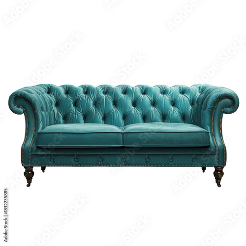 Stylish Tufted Turquoise Sofa in a Modern Living Room Setting