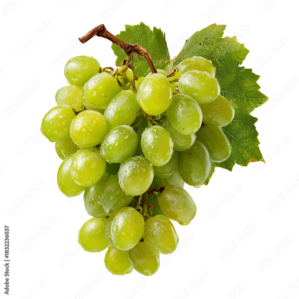 Obraz premium Fresh Green Grapes With Water Droplets on a Vine Against a White Background