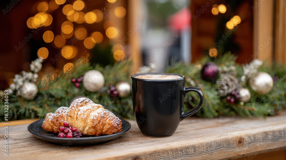 Obraz premium Festive gothmas hot chocolate with pastry at outdoor holiday stand