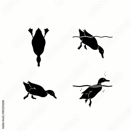 Black silhouettes of ducks swimming and diving in various poses in water, minimalist vector illustration.