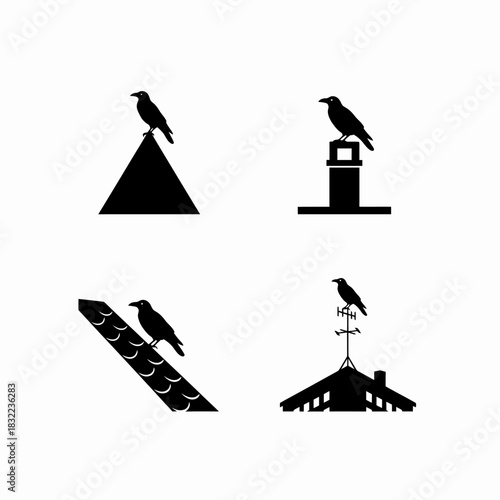 Black crow and raven silhouettes perched on various roof structures and a weathervane, minimalist vector illustration
