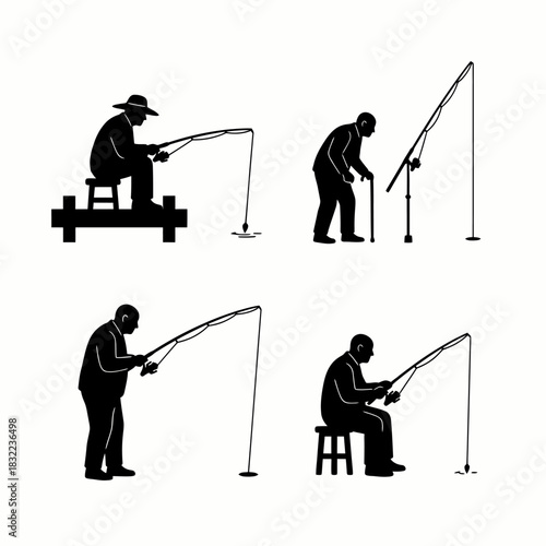 Silhouettes of men fishing, depicting various stances and ages enjoying the outdoor hobby.