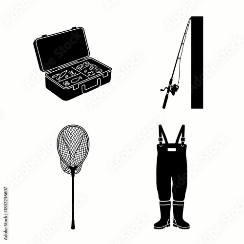 Fishing equipment set including tackle box, rod, net, and waders in silhouette form.