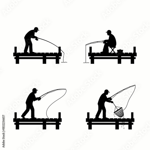 Silhouettes of men fishing from a dock, showing various angling activities like casting, reeling, and netting.