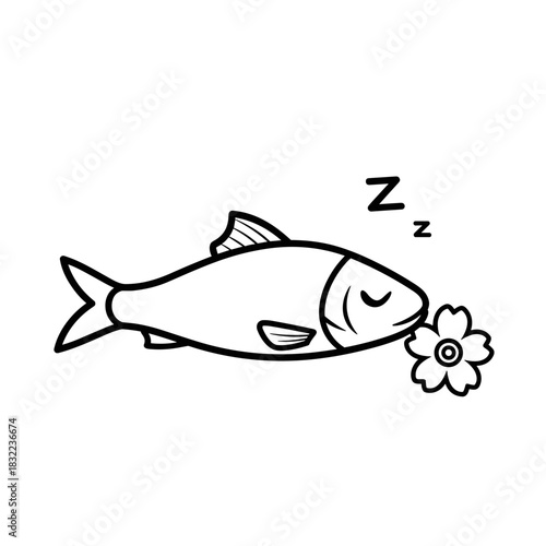 Minimalist line art of a tiny sardine resting peacefully with a flower, exuding humor and charm