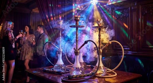 Four Smoking Luxury Hookahs on Table in Hookah Bar. Premium Lounge Atmosphere.


