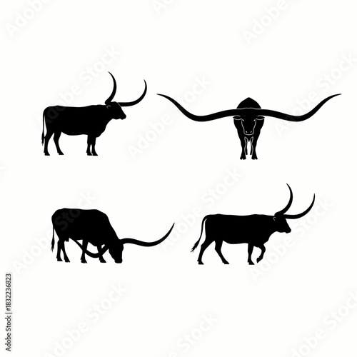 Black silhouettes of longhorn cattle in various poses, showcasing their iconic large horns against a white background.