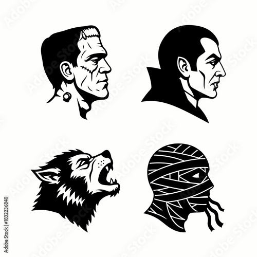 Classic horror monster heads collection featuring Frankenstein, Dracula, a werewolf, and a mummy in a black and white graphic illustration style.