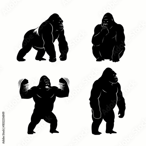 Set of four black gorilla silhouettes in various poses including walking, sitting, flexing muscles, and standing, isolated on white.