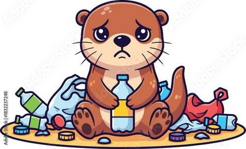 Sad otter holding plastic bottle surrounded by trash pollution, environmental damage illustration showing wildlife suffering from plastic waste contamination problem