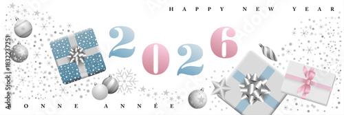 2026 - Bannière illustrée de cadeaux et de boules de Noël - couleurs pastels sur un fond blanc - texte français, anglais - traduction : bonne année.
