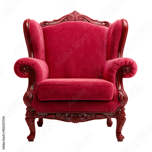 Elegant Red Velvet Armchair With Ornate Wooden Frame in a Classic Design for ...