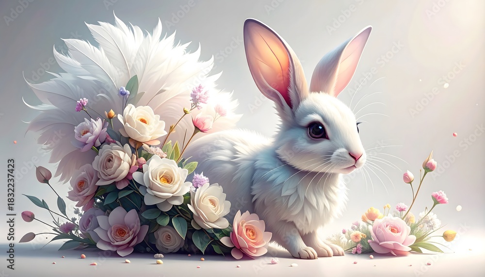 Obraz premium Enchanting white bunny decorated with lush flowers and ethereal feather elements high resolution photo