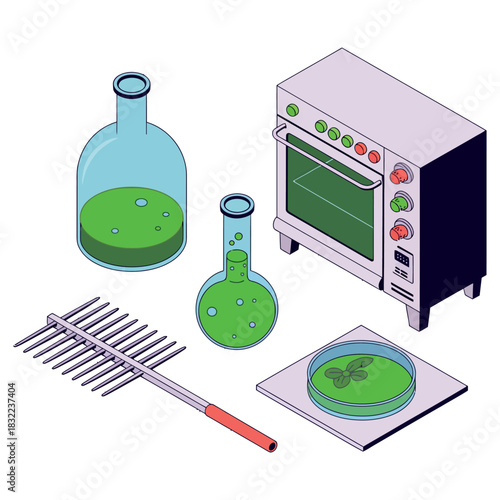 Laboratory equipment including beakers, a petri dish, and an oven is shown.