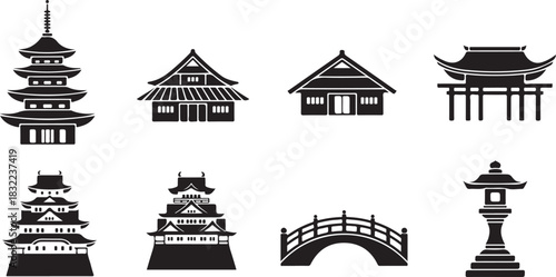Collection of Japanese Architectural Icons: Pagodas, Temples, Castles, Bridges, and Lanterns